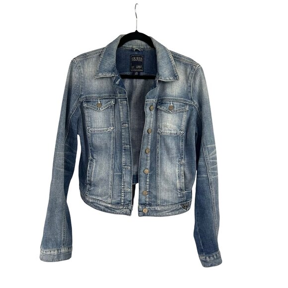 Guess Denim Trucker Jacket Faded Blue Light Wash Size L Women's Large - Picture 5 of 16